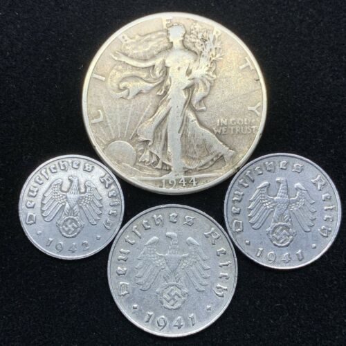 Third Reich Lot 3 Ww2 German Zinc Coins & 1 Silver Walking Liberty Half Dollar