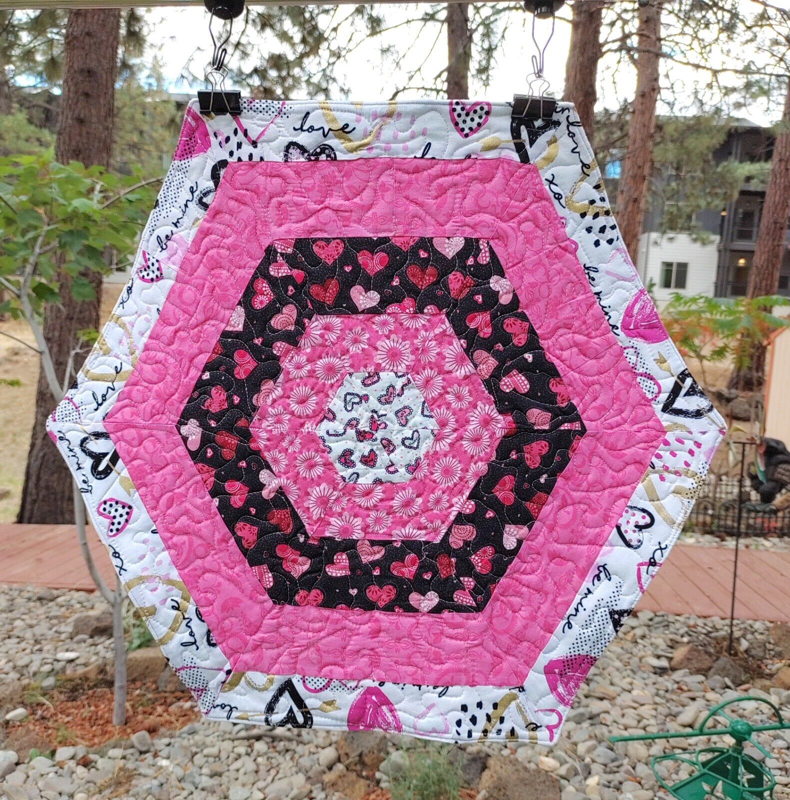 Handmade Quilted Table Topper Hexagon Hearts Valentine's Day Pink St Patrick's