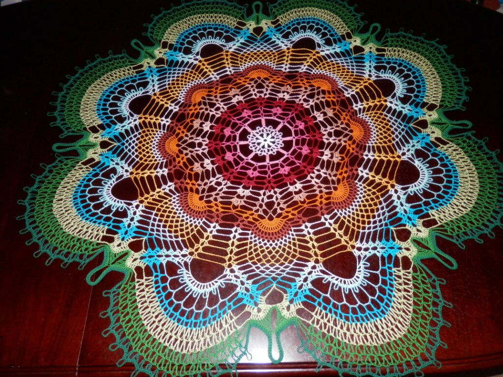Stunning Handmade Crochet Tablecloth Doily, 46", "rainbow Peacock Tail", Cotton