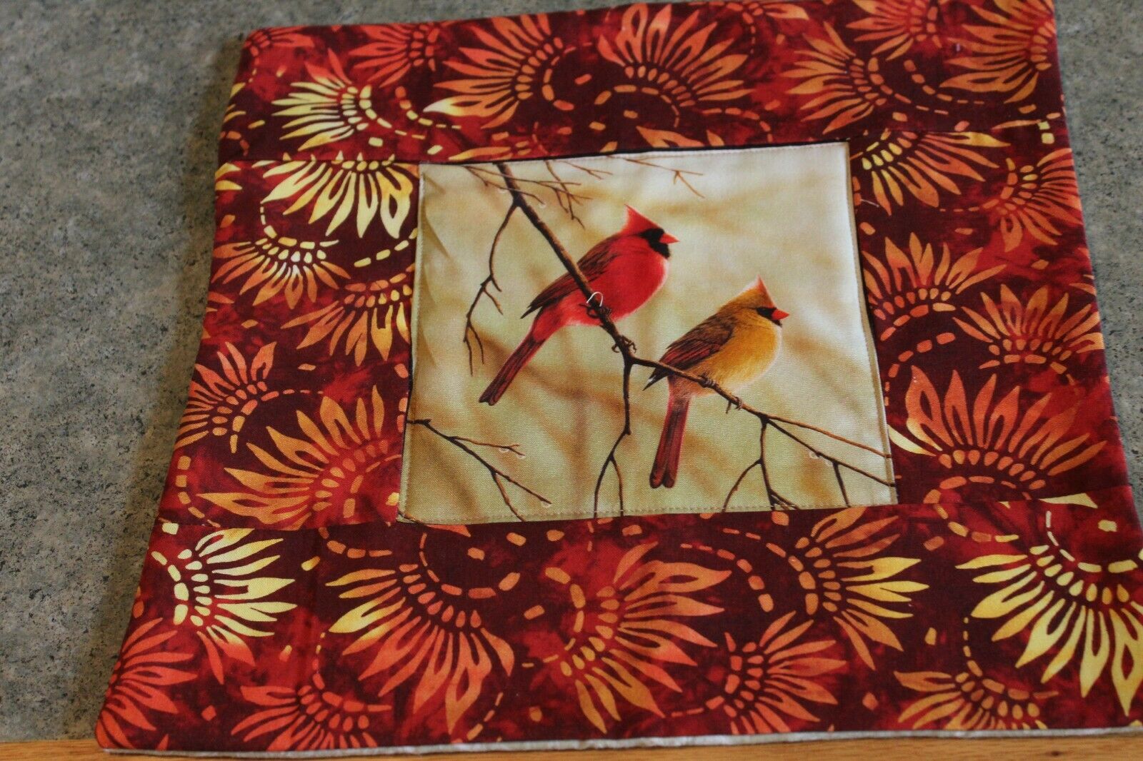 Burgundy Birds Cardinals  12 1/2 X 12 1/2 Handmade Quilted Table Runner