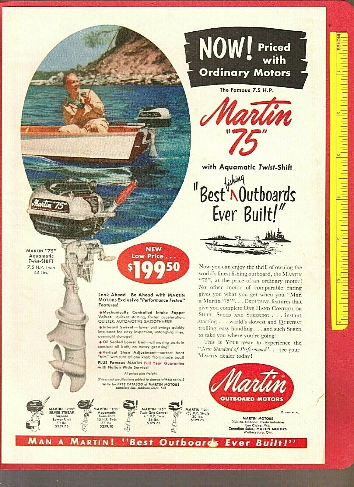 Vintage Original 1954 Martin "75" Outboard Fishing Motors Color Action Ad