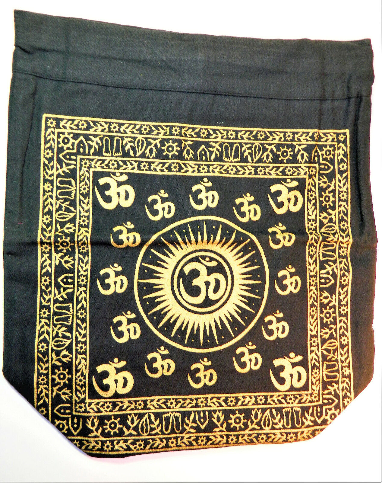 Black Canvas Back Pack With Drawstring And Gold Om Symbol