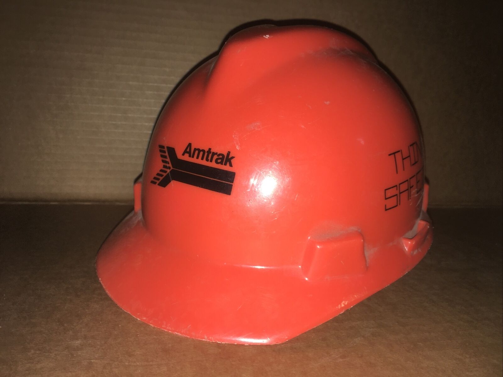 1986 Amtrak Hard Hat Think Safety Authentic Employee Orange Medium Adjustable