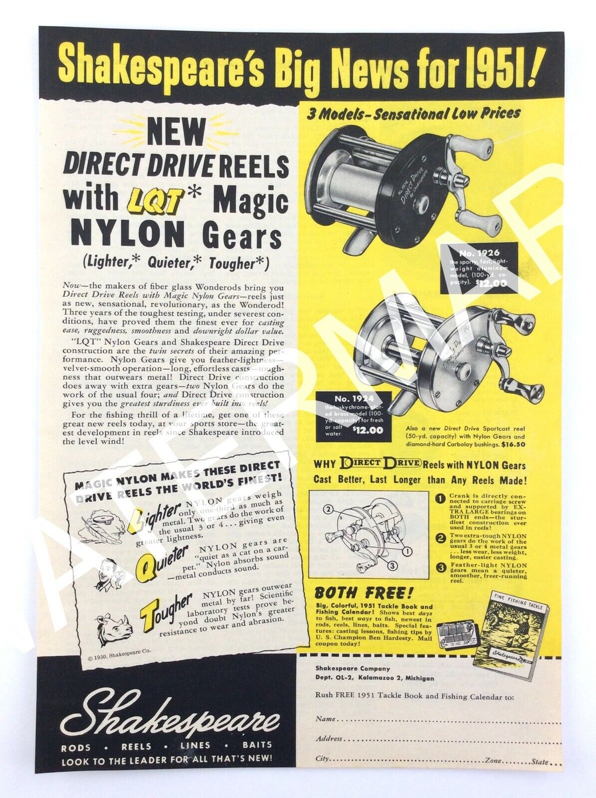 1951 Shakespeare Rods Reels New Direct Drive Lqt Magic Nylon Gears Print Ad 092a