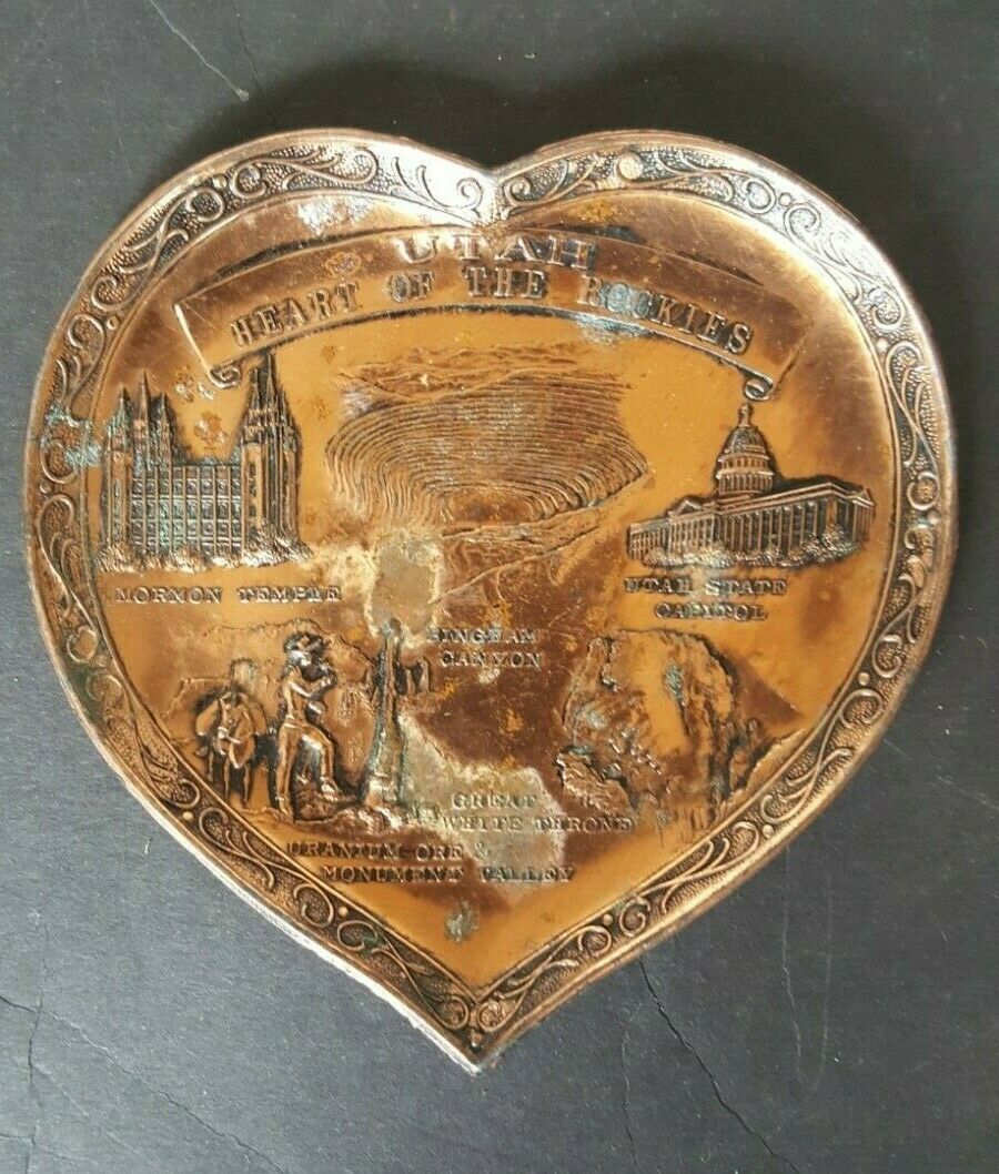 Vintage 1950s Heart Shape Copper Ashtray Utah Landmarks Souvenir