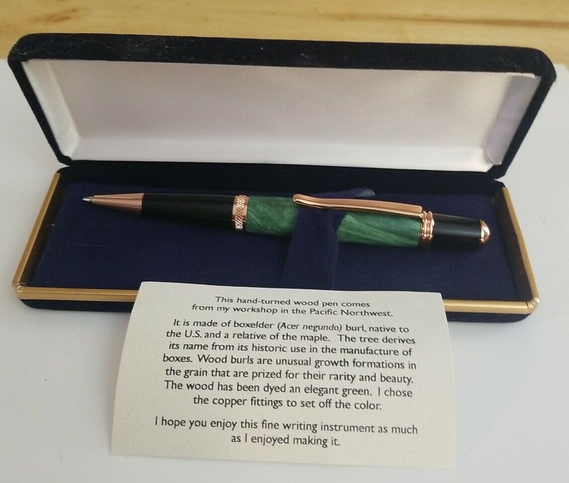 Handmade Rollerball Pen Boxelder Burl Wood Dyed Green With Copper Fittings
