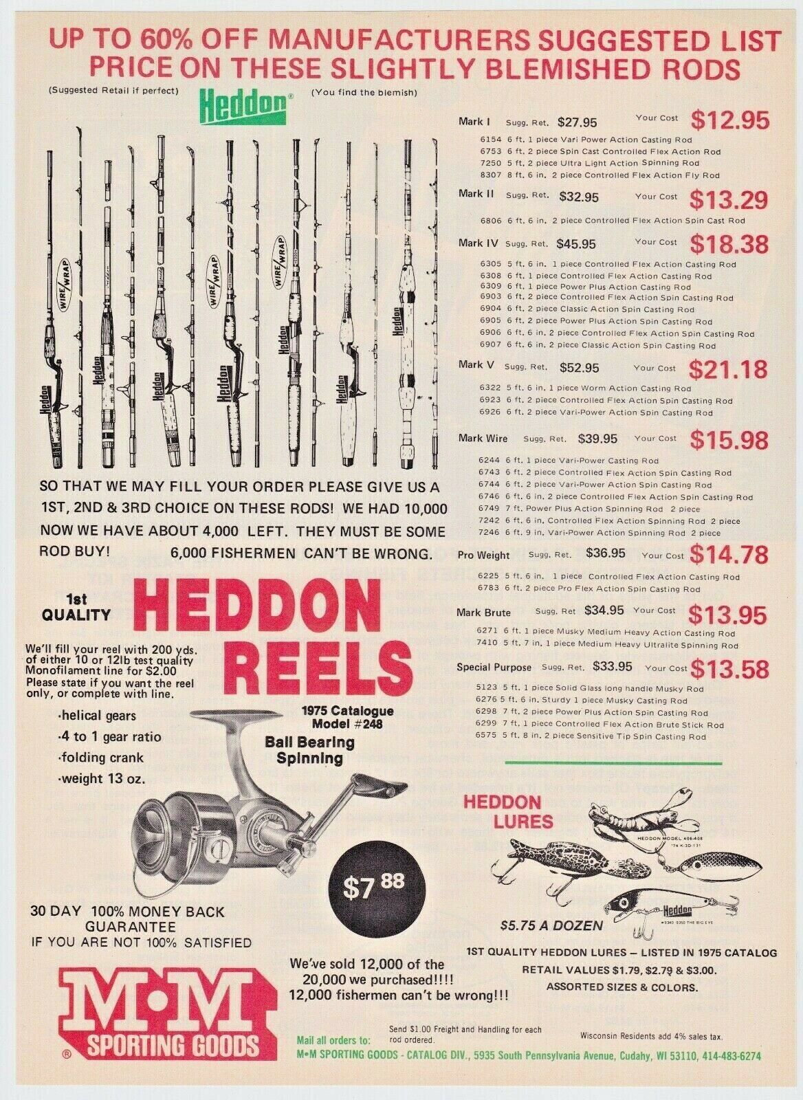1975 Heddon Fishing Reels Fishing Rods Heddon Lures Vintage Print Ad Man Cave